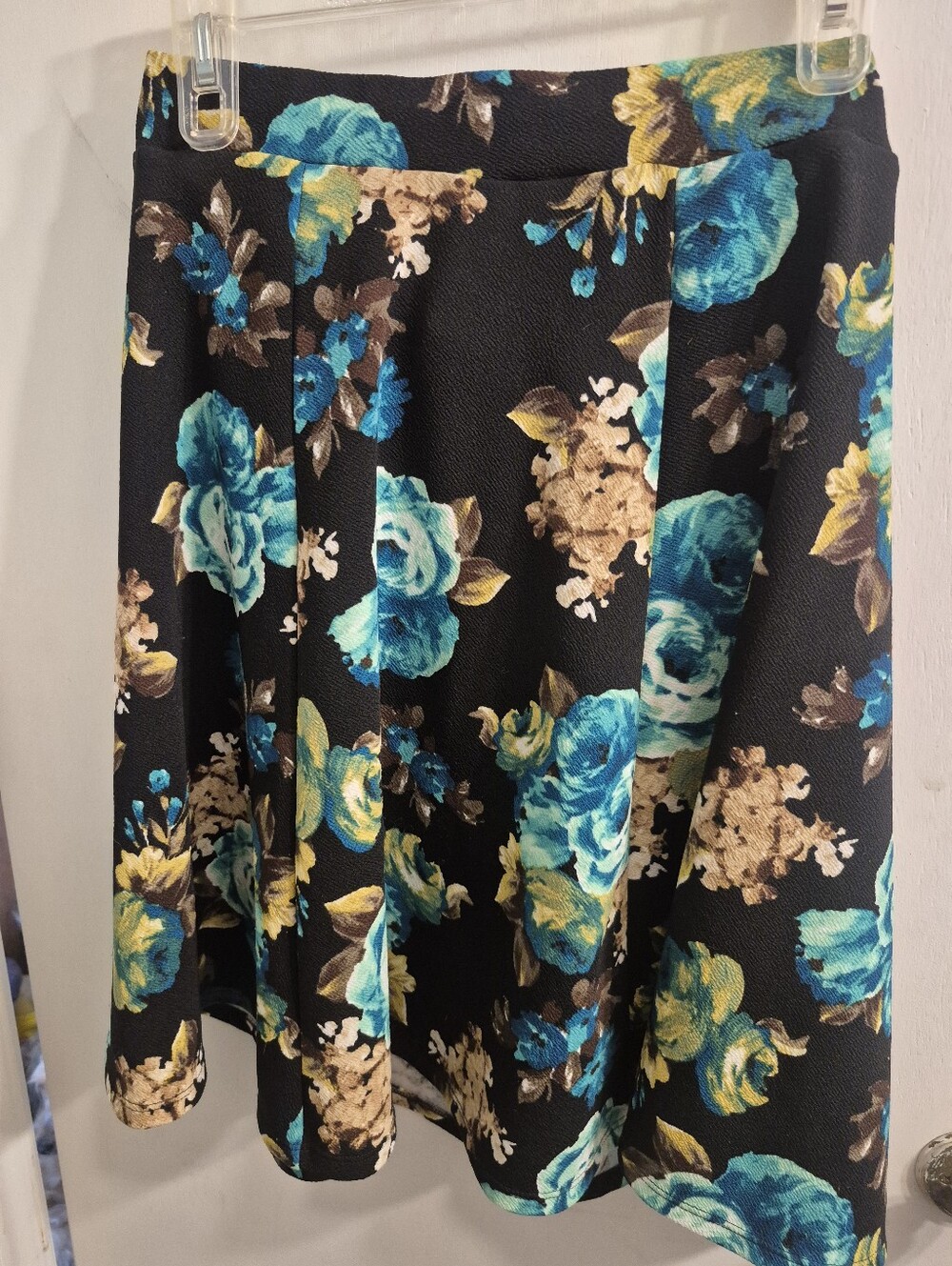 Black Floral A-Line Skirt with Teal and Tan Roses